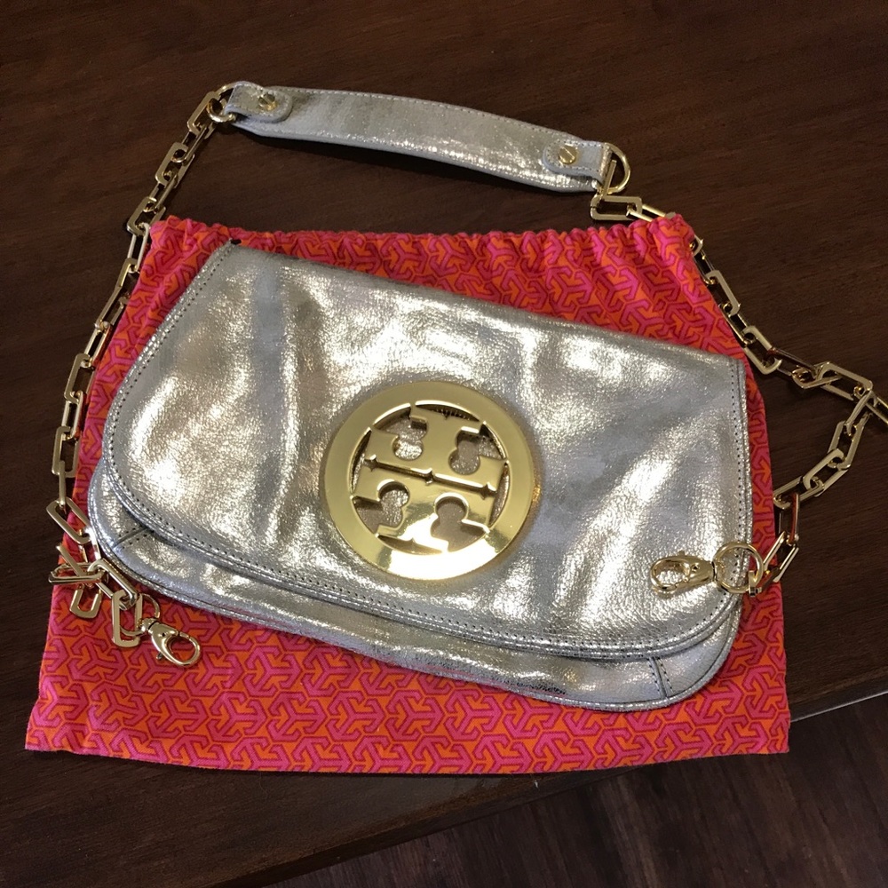 Tory Burch metallic logo clutch